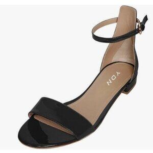 YDN Womens Chic Block Low Heel Sandals Open Toe Ankle Strap Patent Flat  Black